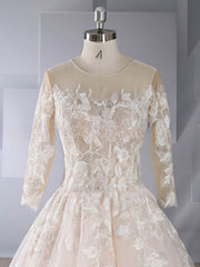 Lace Appliques Ball Gown Wedding Dress with Illusion Tulle Court Train