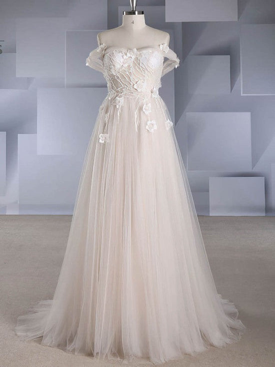 Beaded Off-the-shoulder Tulle Ball Gown Wedding Dress with Sweep Train