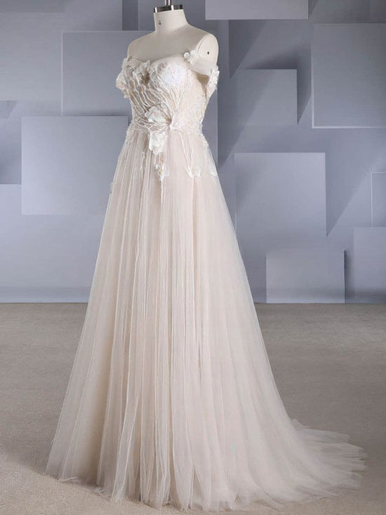 Beaded Off-the-shoulder Tulle Ball Gown Wedding Dress with Sweep Train