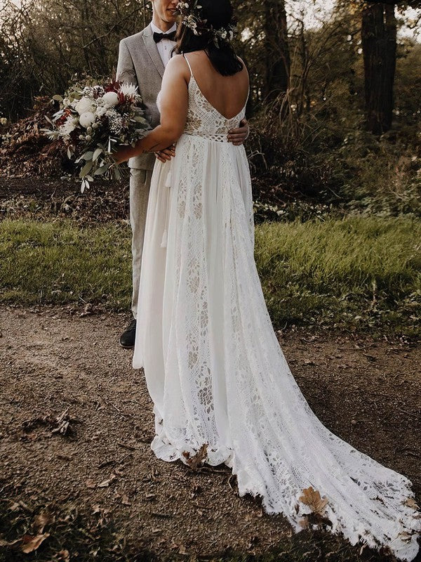 A-line V-neck Lace Chiffon Sweep Train Wedding Dresses