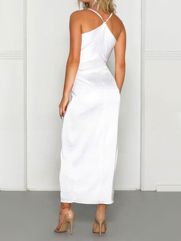 Silk-like Satin Sheath/Column Cowl Neck Lace Ankle-length Bridesmaid Dress