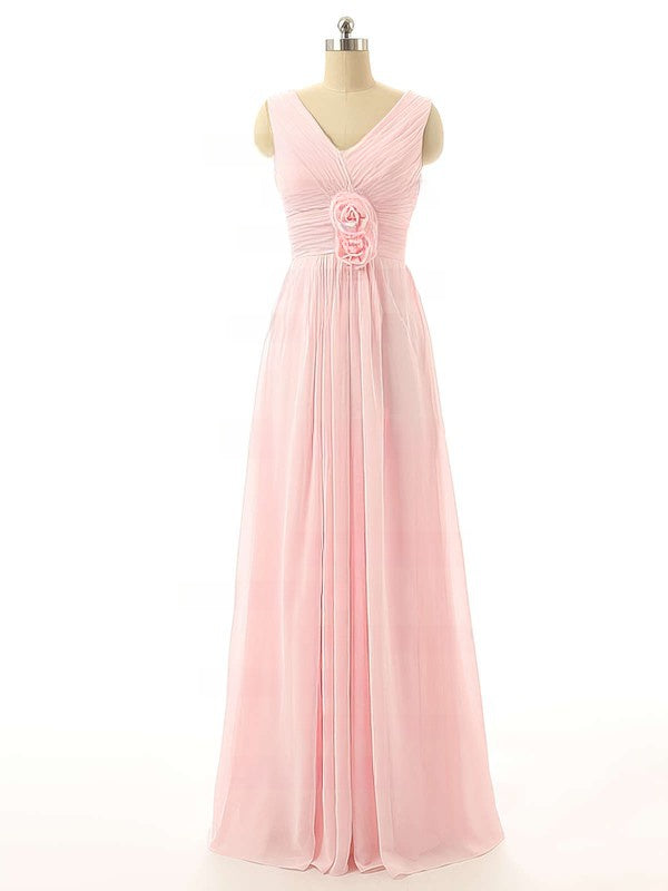 Simple yet Elegant Pink V-neck Chiffon Bridesmaid Dresses with Flower(s)