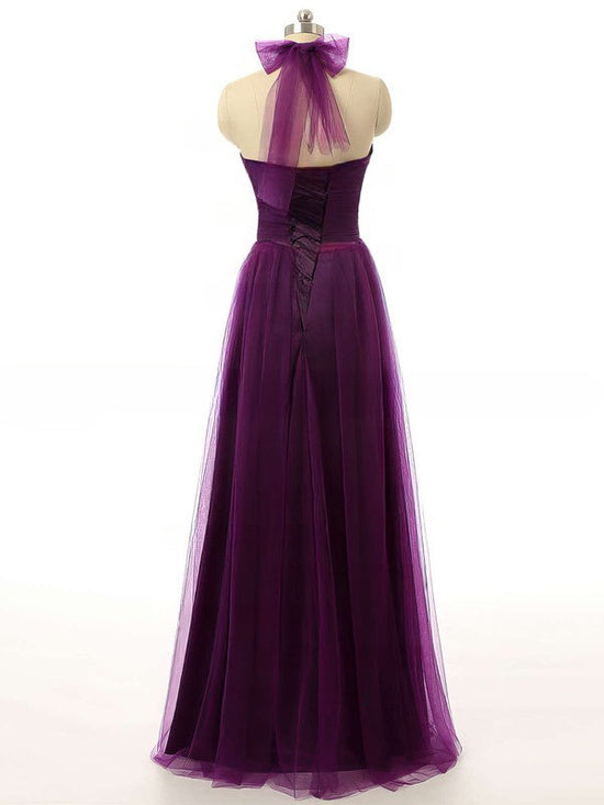 Ruffled Halter Purple Bridesmaid Dress with Tulle Floor-length Hem