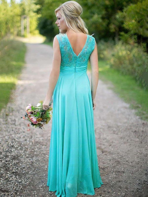 Gorgeous Scoop Neck Lace Chiffon Ruched Floor-length Bridesmaid Dresses