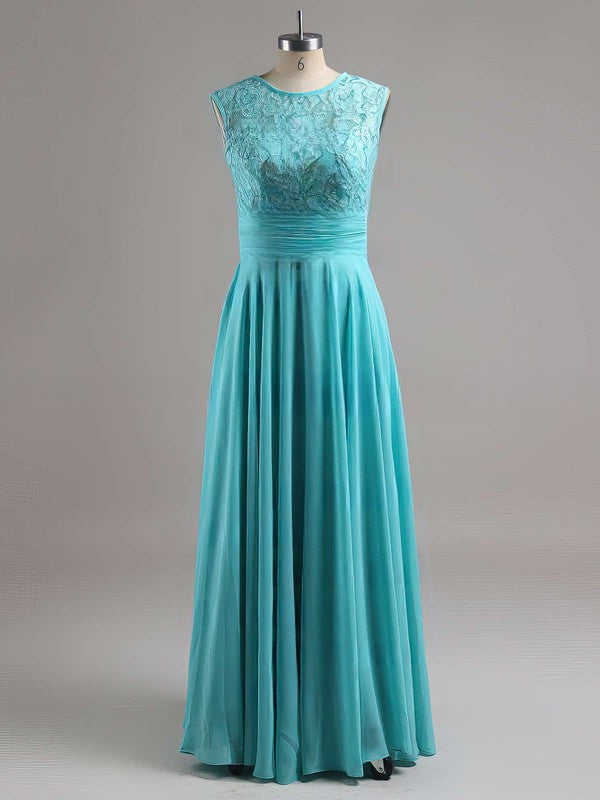 Gorgeous Scoop Neck Lace Chiffon Ruched Floor-length Bridesmaid Dresses