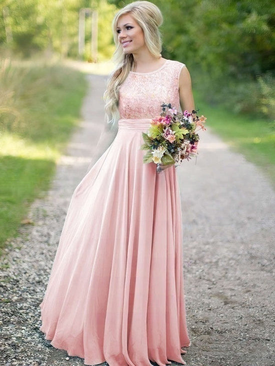 Gorgeous Scoop Neck Lace Chiffon Ruched Floor-length Bridesmaid Dresses