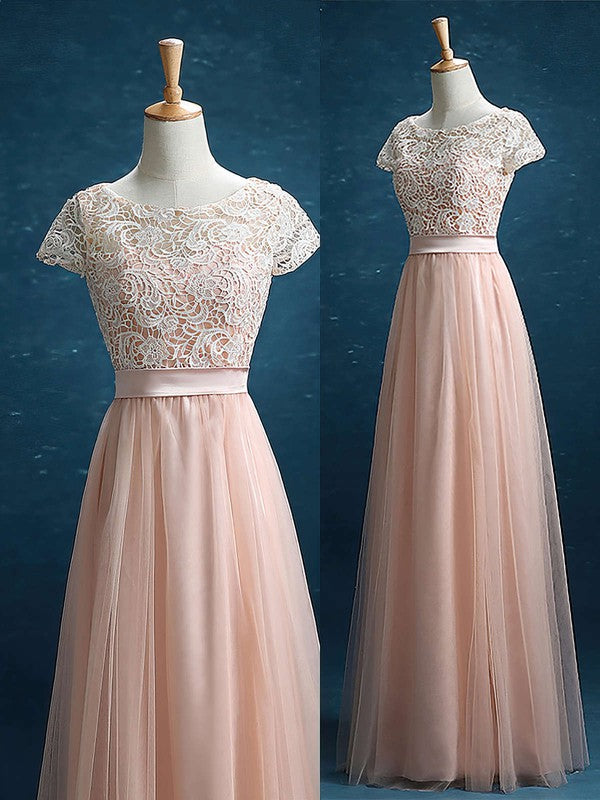 Discount Scoop Neck Lace Tulle Floor-length Sashes/Ribbons Short Sleeve Bridesmaid Dress