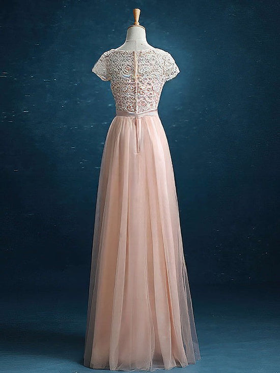 Discount Scoop Neck Lace Tulle Floor-length Sashes/Ribbons Short Sleeve Bridesmaid Dress