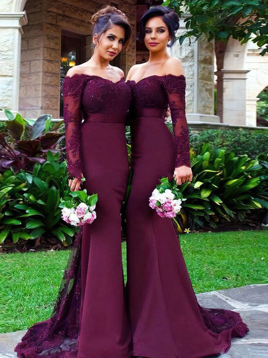 Stunning Trumpet/Mermaid Off-the-shoulder Bridesmaid Dresses with Tulle, Silk-like Satin, Sweep Train, Appliques, Lace, and Long Sleeves