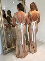 Sparkly Trumpet/Mermaid Scoop Neck Sequined Bridesmaid Dresses with Sashes/Ribbons