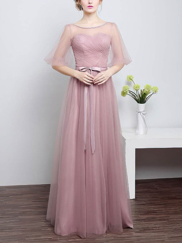 Stunning Tulle Scoop Neck A-line Floor-length Bridesmaid Dresses with Sashes / Ribbons