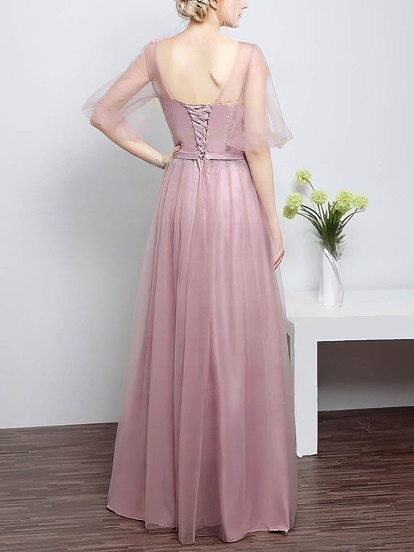 Stunning Tulle Scoop Neck A-line Floor-length Bridesmaid Dresses with Sashes / Ribbons