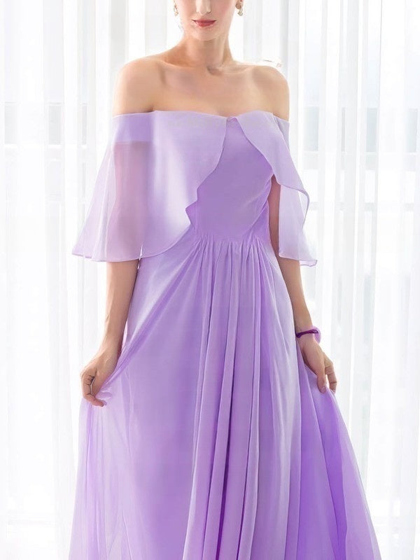 Chiffon Off-the-shoulder A-line Floor-length Bridesmaid Dresses with Sashes/Ribbons