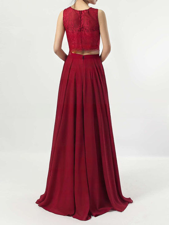 A-line Scoop Neck Lace Chiffon Floor-length Bridesmaid Dresses