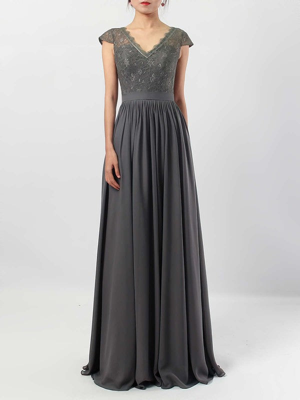 A-Line V-Neck Lace Chiffon Floor-Length Bridesmaid Dresses with Sashes & Ribbons