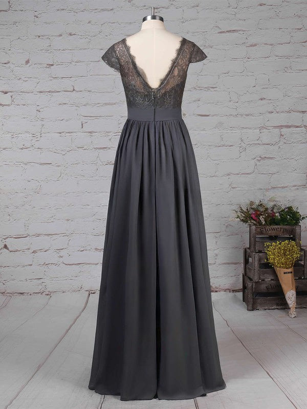 A-Line V-Neck Lace Chiffon Floor-Length Bridesmaid Dresses with Sashes & Ribbons