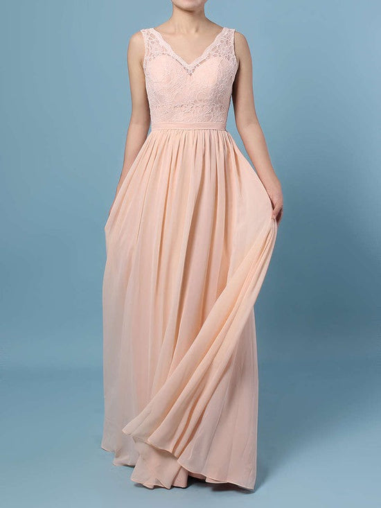 Elegant Lace Chiffon V-neck A-line Floor-length Bridesmaid Dresses with Sashes / Ribbons