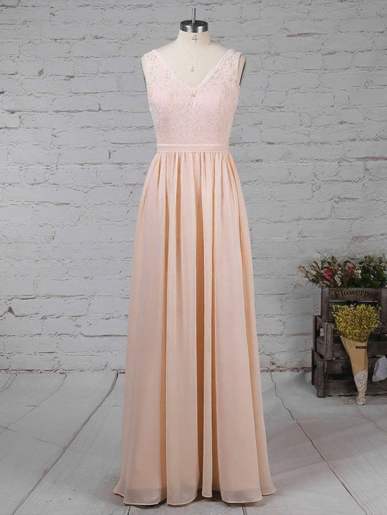 Elegant Lace Chiffon V-neck A-line Floor-length Bridesmaid Dresses with Sashes / Ribbons