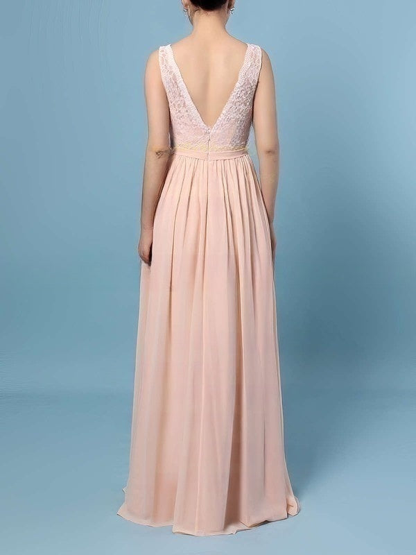 Elegant Lace Chiffon V-neck A-line Floor-length Bridesmaid Dresses with Sashes / Ribbons