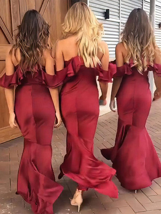 Silk-like Satin Asymmetrical Ruffles Bridesmaid Dresses - Trumpet/Mermaid V-neck