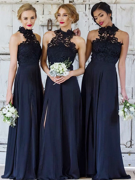 Lace Chiffon A-line Floor-length Bridesmaid Dresses with High Neck and Split Front