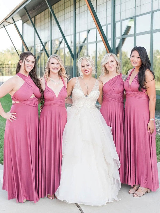 A-Line V-Neck Floor Length Bridesmaid Dresses in Jersey