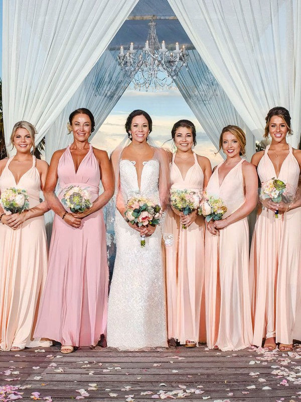 A-Line V-Neck Floor Length Bridesmaid Dresses in Jersey