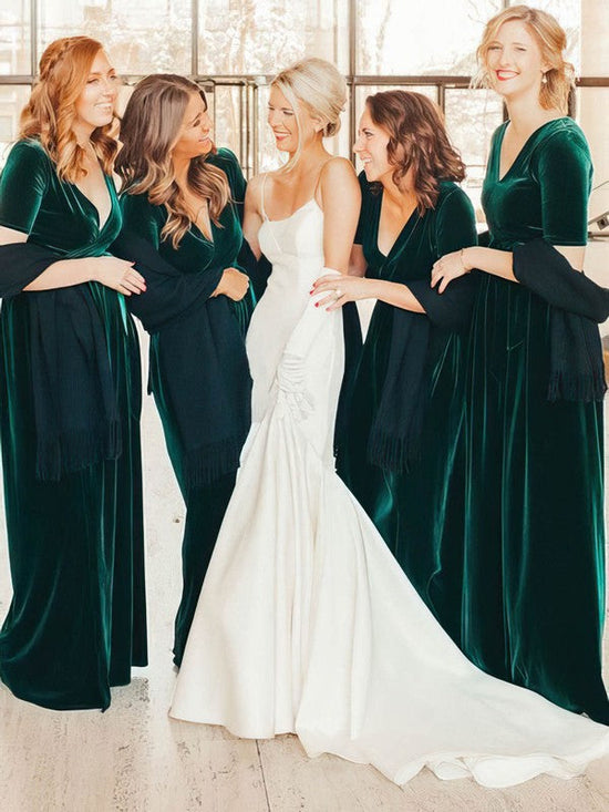 Velvet V-neck A-line Floor-length Bridesmaid Dresses