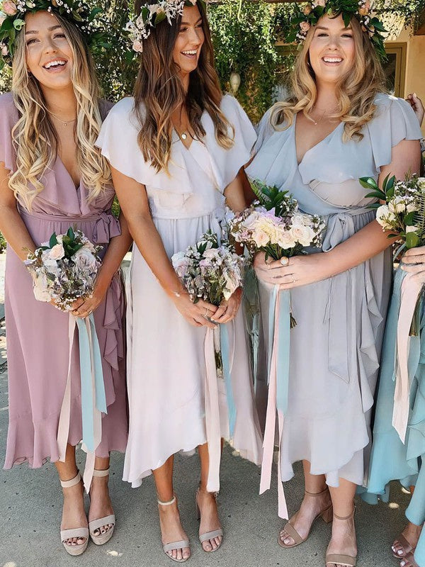 V-neck A-line Asymmetrical Sashes / Ribbons Bridesmaid Dresses in Chiffon