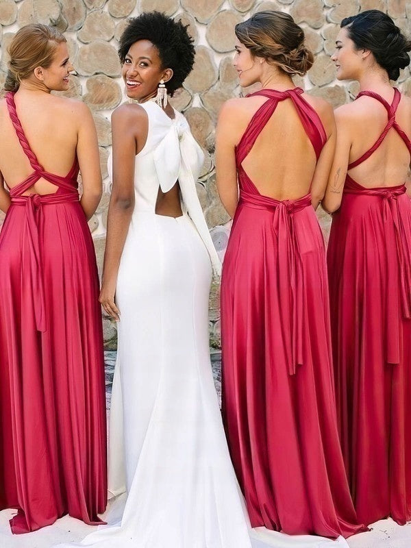 Silk-like Satin V-neck A-line Sweep Train Sashes / Ribbons Bridesmaid Dresses