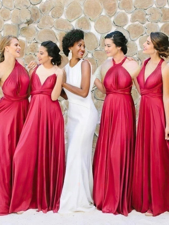 Silk-like Satin V-neck A-line Sweep Train Sashes / Ribbons Bridesmaid Dresses