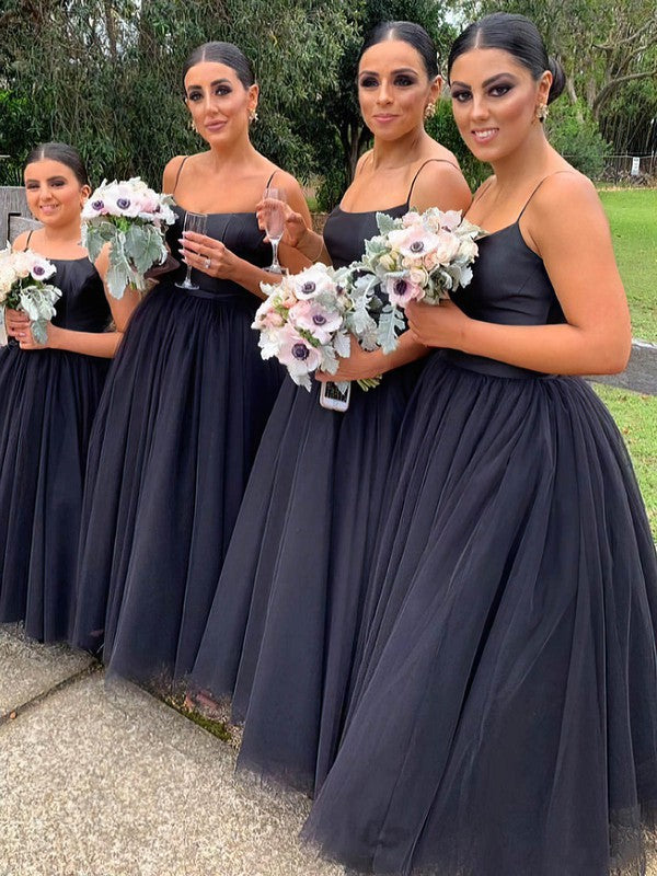 Tulle A-line Bridesmaid Dresses with Square Neckline and Floor-length Skirt