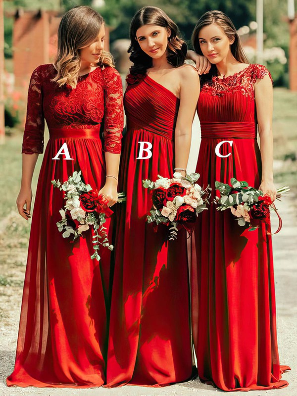 Chiffon Appliques Lace Bridesmaid Dress with Scoop Neck and A-line Sweep Train