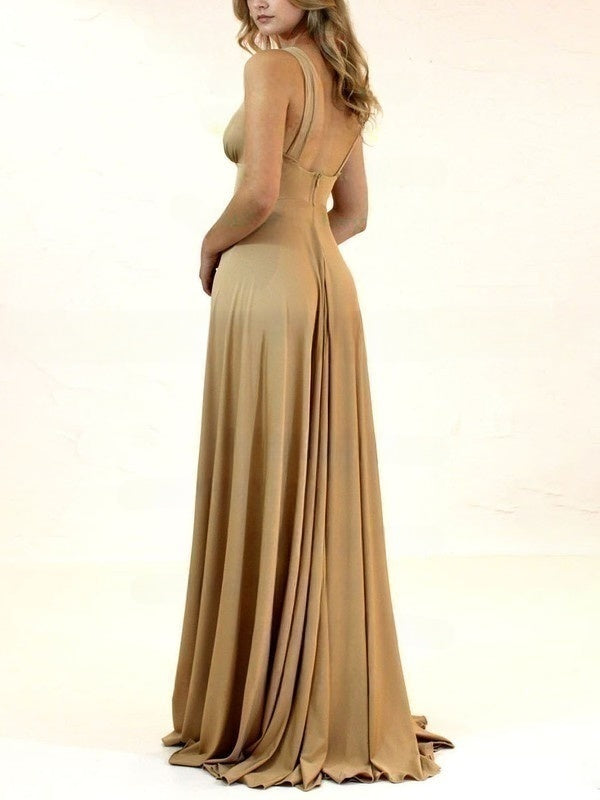Stunning A-line V-neck Bridesmaid Dresses with Split Front and Jersey Sweep Train
