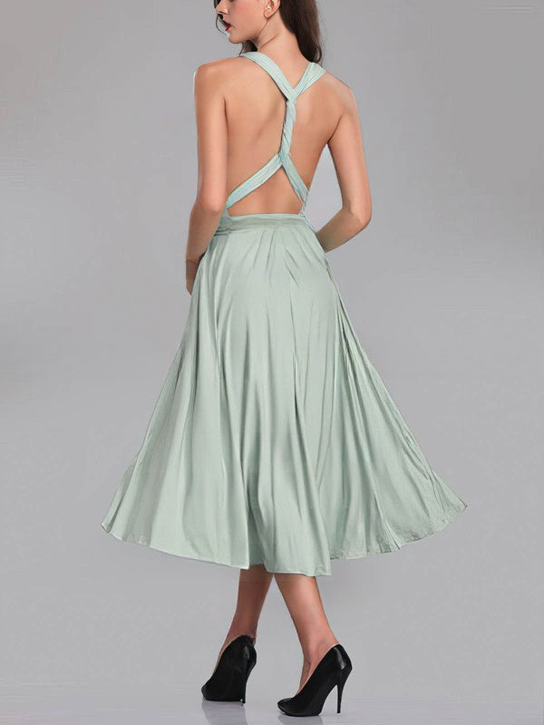 A-line V-neck Jersey Tea-length Bridesmaid Dresses With Sashes / Ribbons