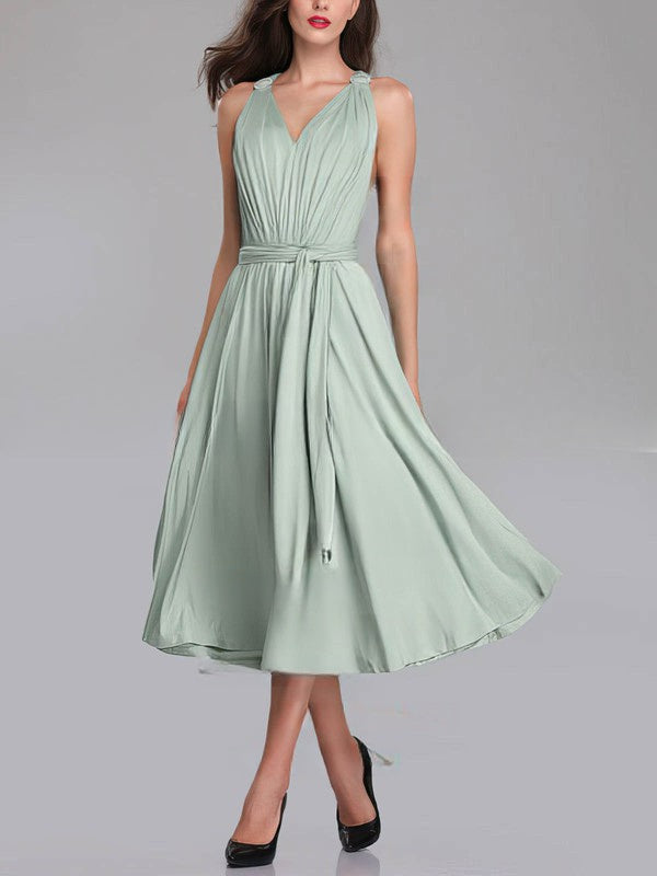 A-line V-neck Jersey Tea-length Bridesmaid Dresses With Sashes / Ribbons