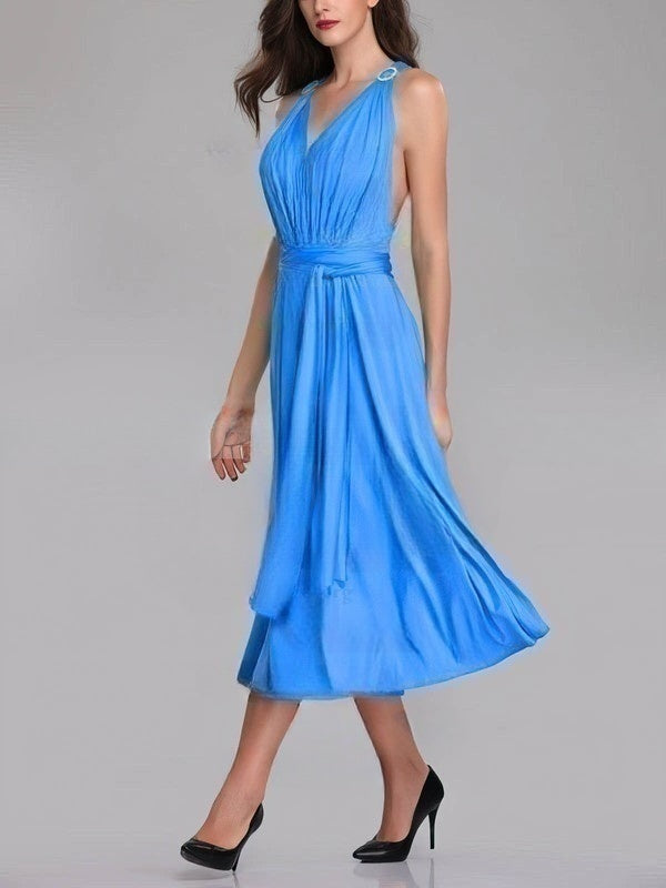 A-Line V-Neck Jersey Tea-Length Bridesmaid Dress with Sash/Ribbon