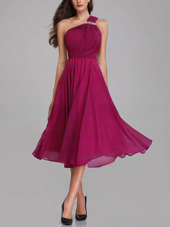 A-line One Shoulder Chiffon Tea-length Bridesmaid Dresses with Sashes / Ribbons