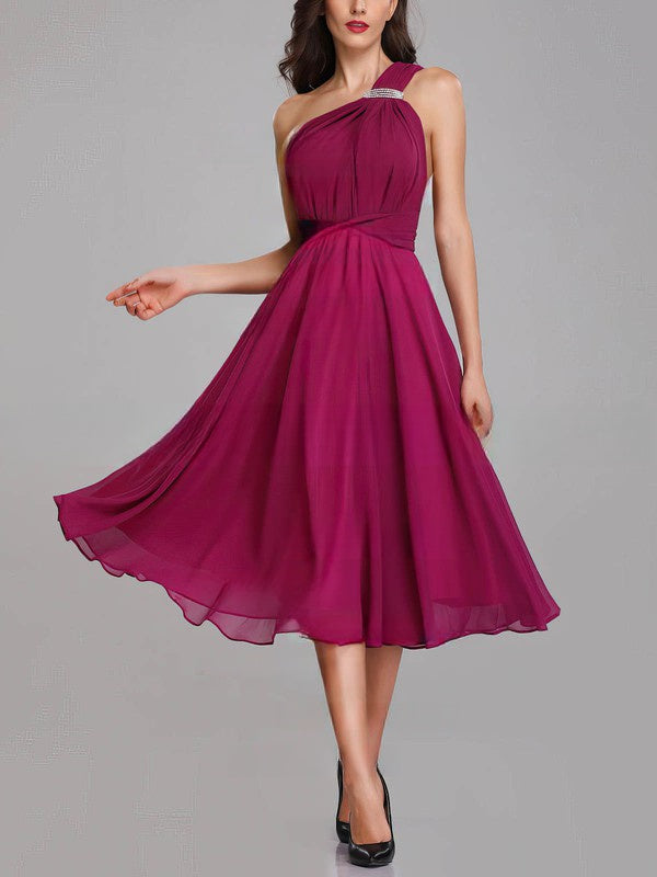 A-line One Shoulder Chiffon Tea-length Bridesmaid Dresses with Sashes / Ribbons