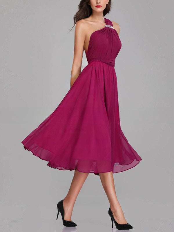 A-line One Shoulder Chiffon Tea-length Bridesmaid Dresses with Sashes / Ribbons