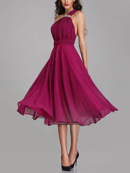 A-line One Shoulder Chiffon Tea-length Bridesmaid Dresses with Sashes / Ribbons