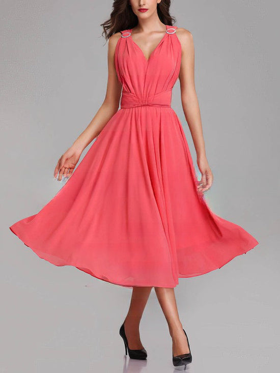 A-line V-neck Chiffon Tea-length Bridesmaid Dresses With Sashes & Ribbons