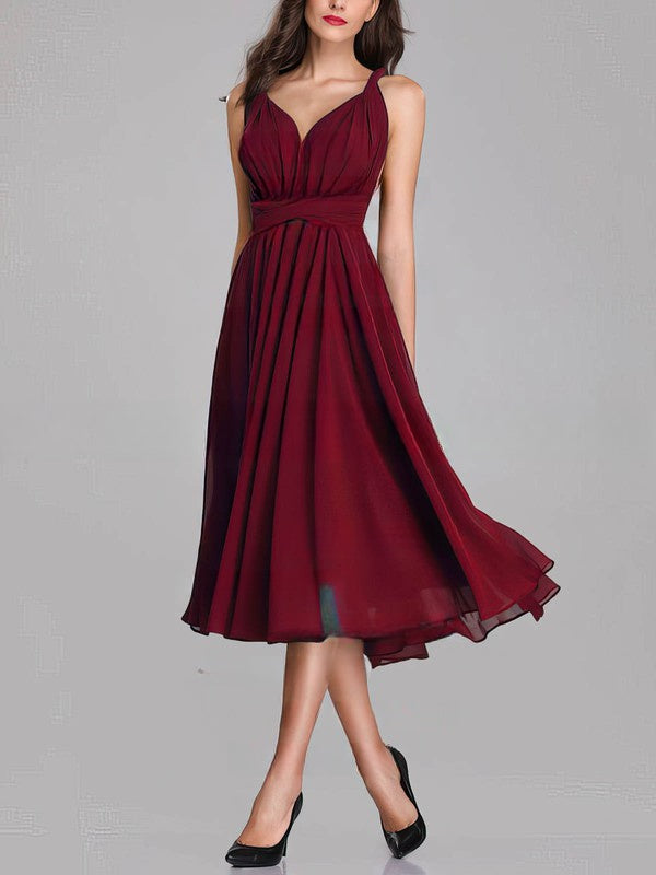 A-Line V-Neck Tea-Length Bridesmaid Dresses with Sashes & Ribbons