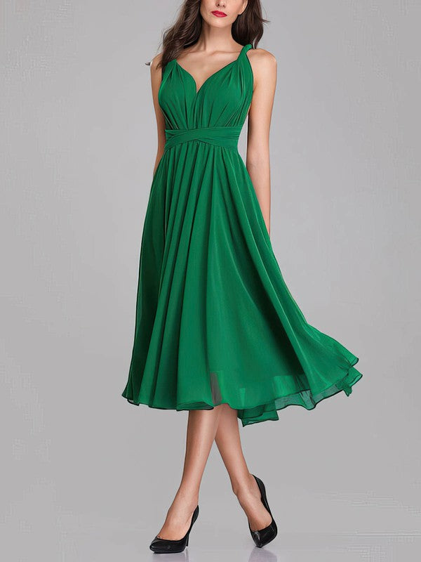 A-Line V-Neck Chiffon Tea-Length Bridesmaid Dresses With Sashes & Ribbons