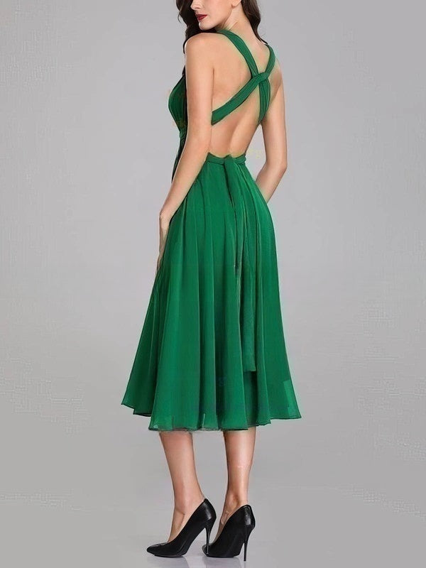 A-Line V-Neck Chiffon Tea-Length Bridesmaid Dresses With Sashes & Ribbons