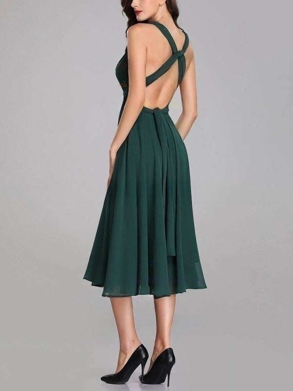 A-line V-neck Chiffon Tea-length Bridesmaid Dresses With Sashes & Ribbons