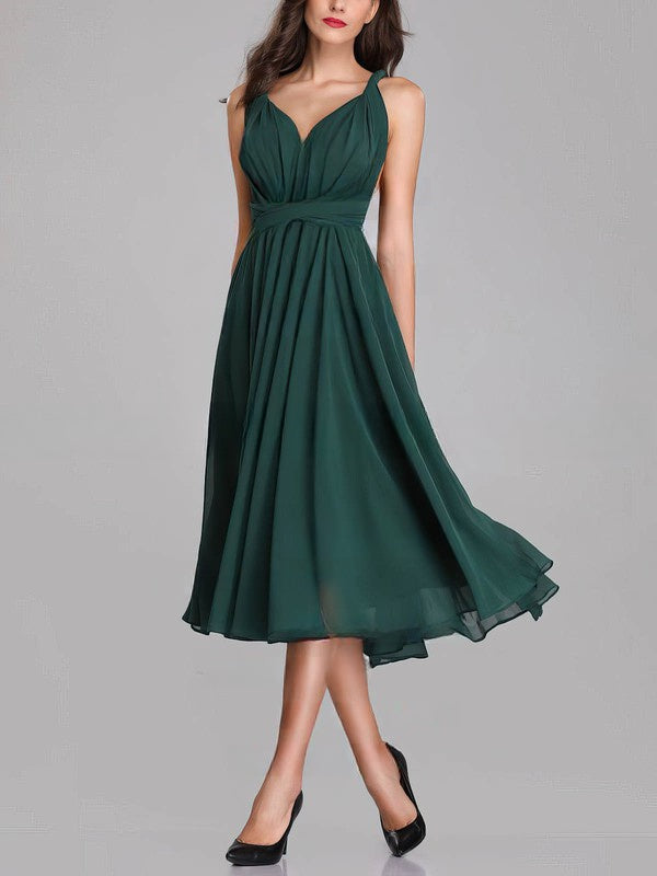 A-line V-neck Chiffon Tea-length Bridesmaid Dresses With Sashes & Ribbons