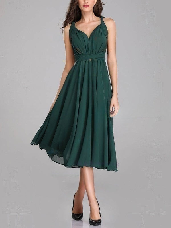 A-line V-neck Chiffon Tea-length Bridesmaid Dresses With Sashes & Ribbons