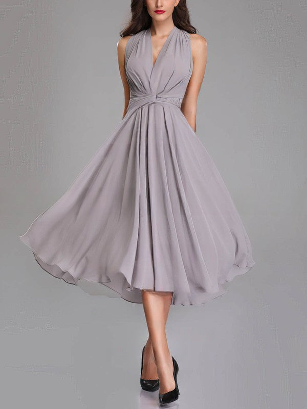 A-Line V-Neck Chiffon Tea-Length Bridesmaid Dress with Sashes & Ribbons