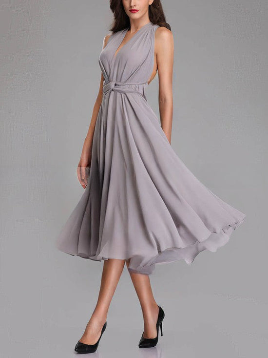 A-Line V-Neck Chiffon Tea-Length Bridesmaid Dress with Sashes & Ribbons